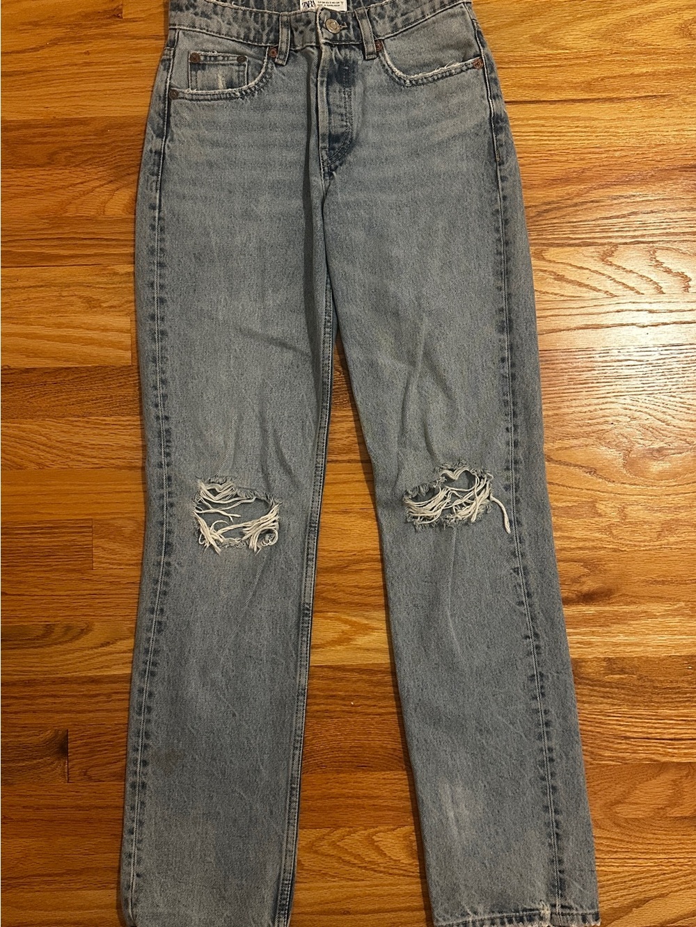 Zara Light Wash Straight Leg Ripped Jeans